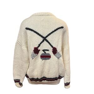 Vtg Hand Knit Cowichan Cardigan Mary Maxim Curling Cozy Cream Zip Up Sz. L